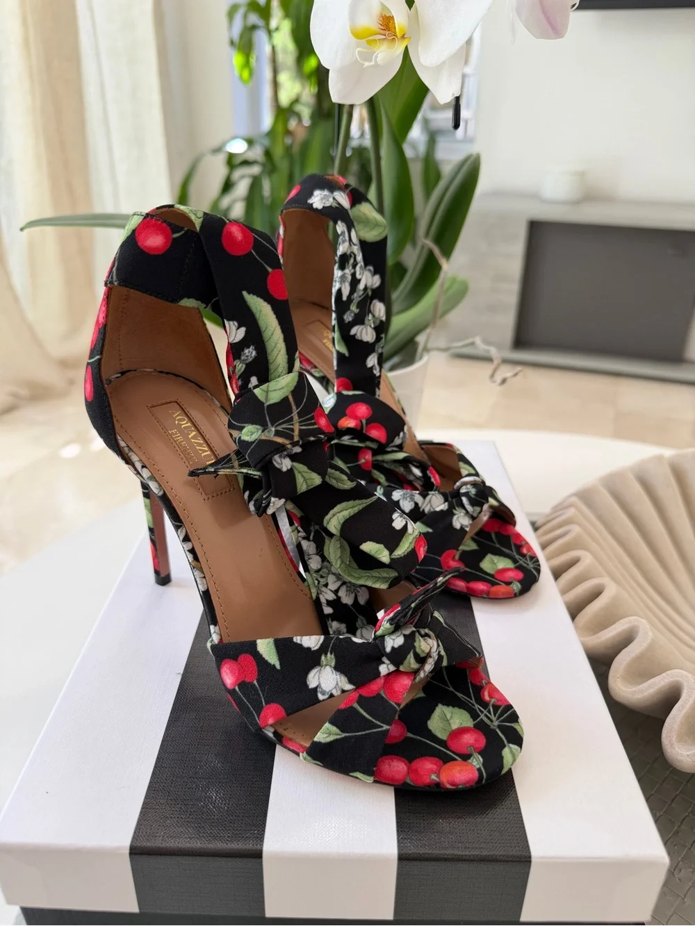 Aquazzura All Tied Up 105 Cherry Blossom Print Black Red Heels Sandlas size 36